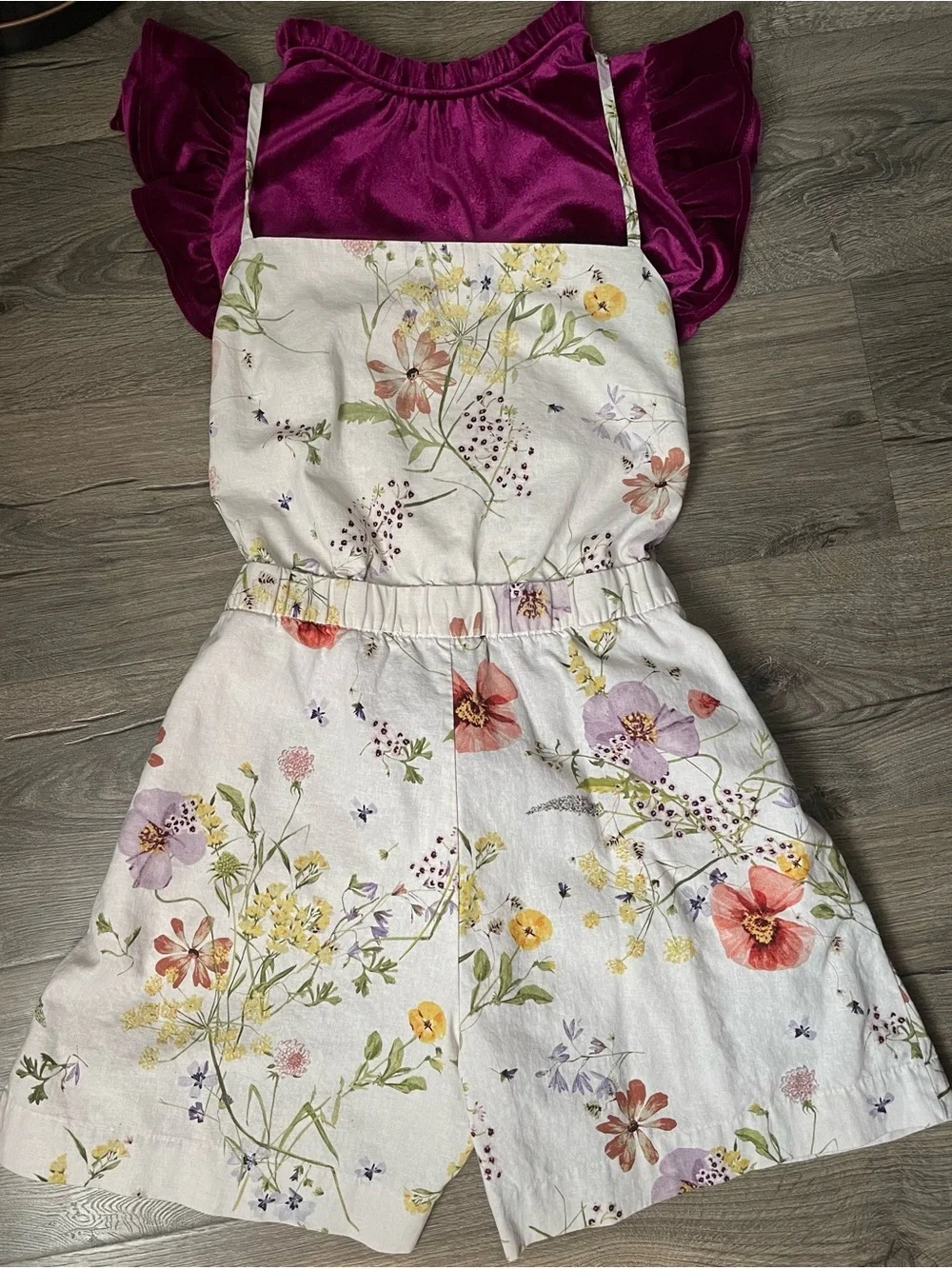 🌷🎀 Elegant H&M Linen-Blend Cottagecore Bib Shorts w/ GAP Plum Ruffled Top